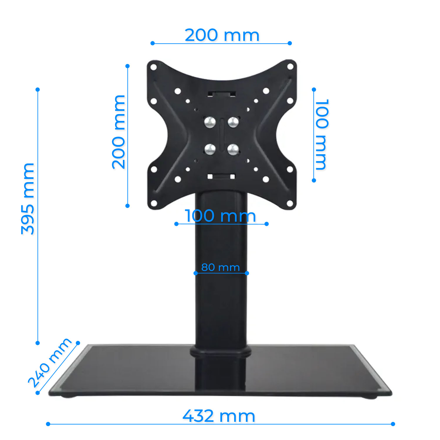 Czarny stojak pod telewizor z wymiarami. Podstawa ma 432 mm, stojak 395 mm wysokości, a wspornik montażowy 200 mm.