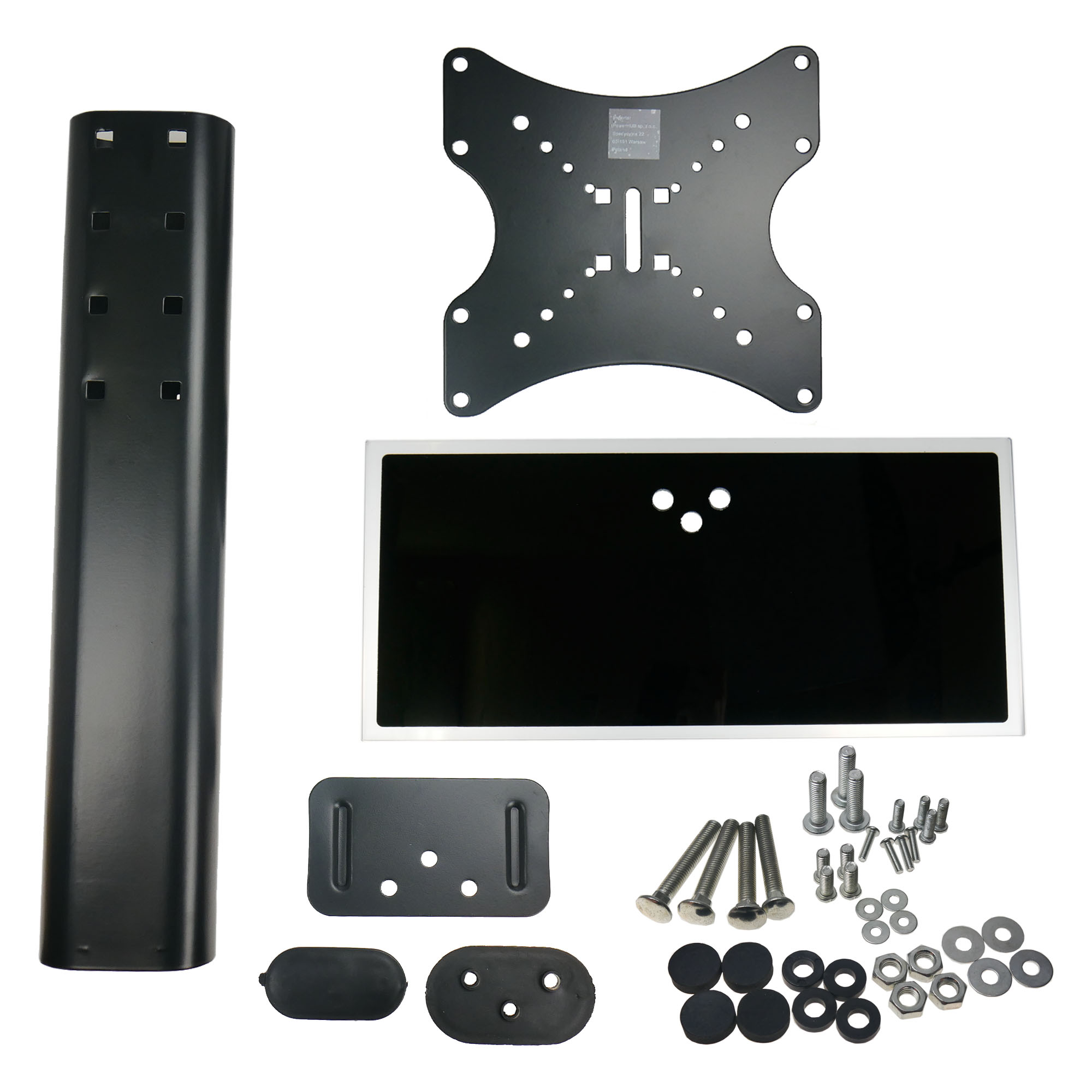 Różne czarne metalowe elementy uchwytu do telewizora, w tym stojak, płyta montażowa i elementy mocujące, na białym tle.