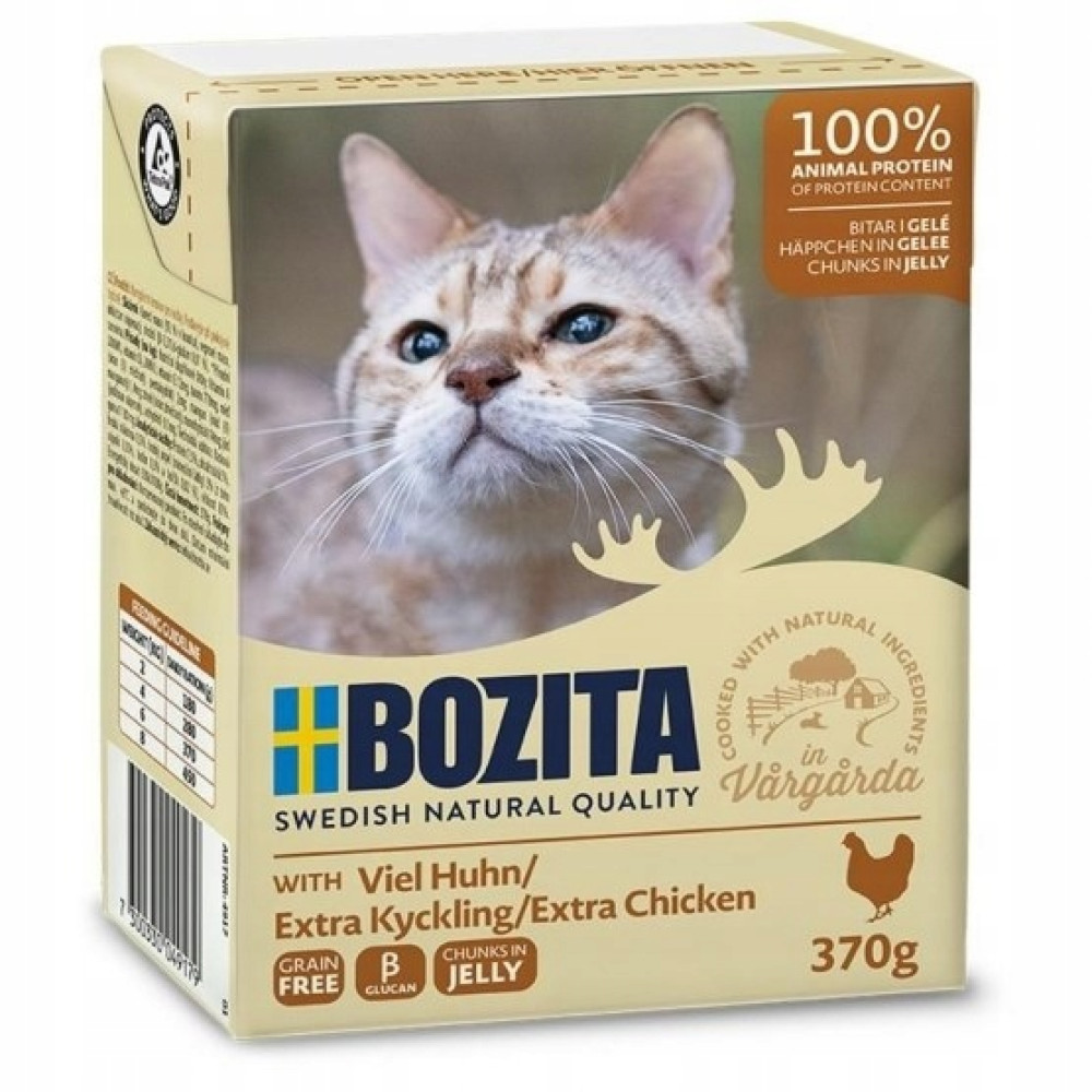 Pudełko z karmą dla kotów ze zdjęciem kota. Pudełko zawiera tekst: Bozita, Swedish Natural Quality, Extra Chicken i 370g. Bez zbóż i w galarecie.
