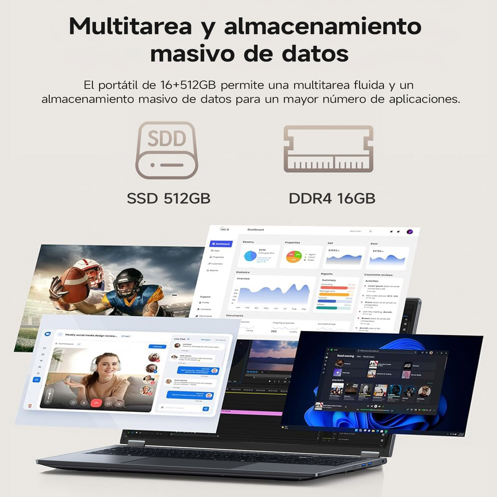 Ordenador portátil con múltiples ventanas abiertas, incluyendo un chat en vivo, un panel y software de edición de vídeo.