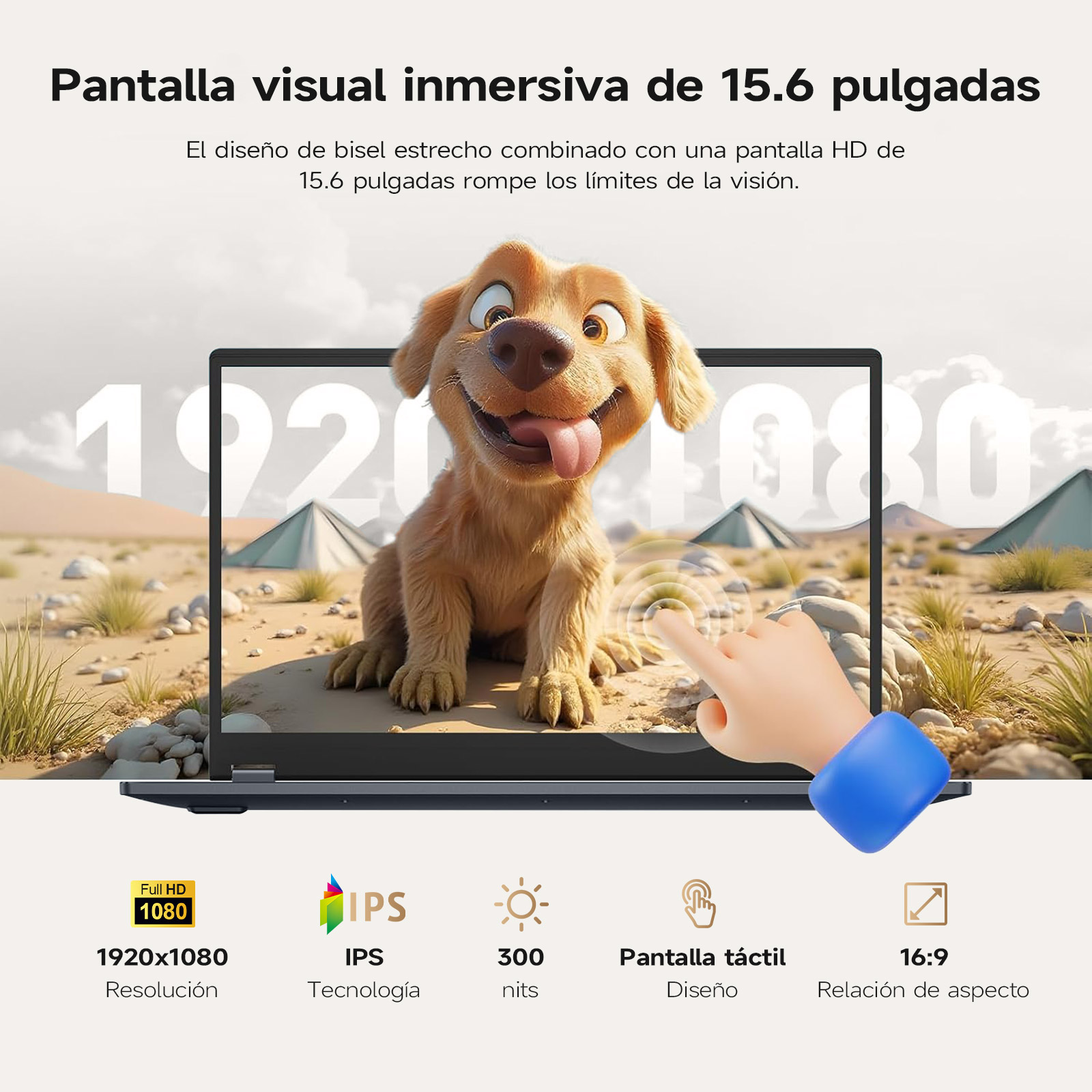 Una pantalla de portátil muestra un perro. Un dedo toca la pantalla. Detalles de texto sobre resolución, tecnología y relación de aspecto.