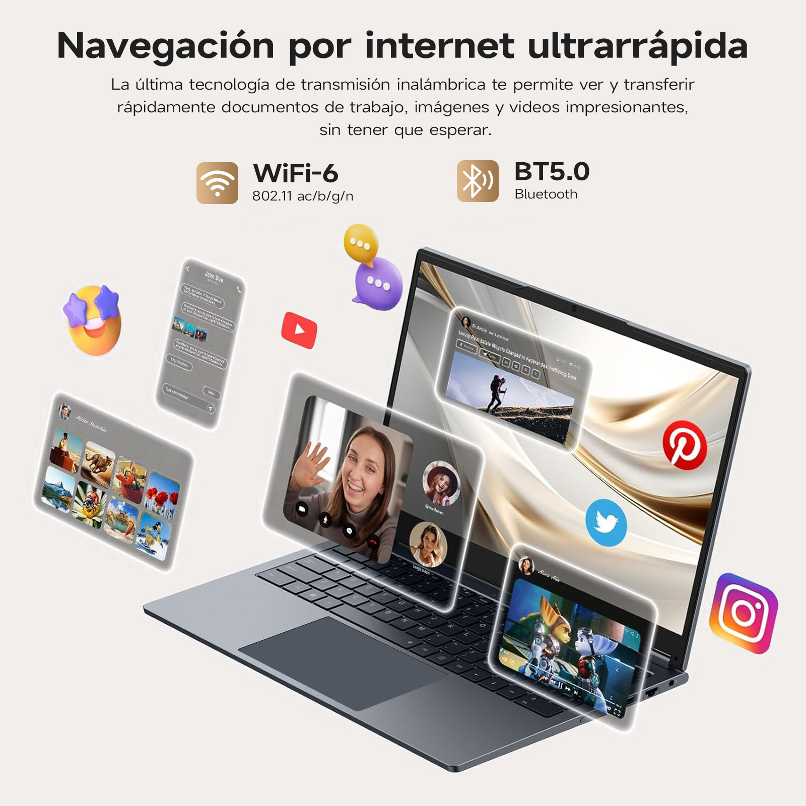 Laptop con visualizaciones de aplicaciones de redes sociales, videollamada e iconos Wi-Fi/Bluetooth. Texto: navegación ultrarrápida.