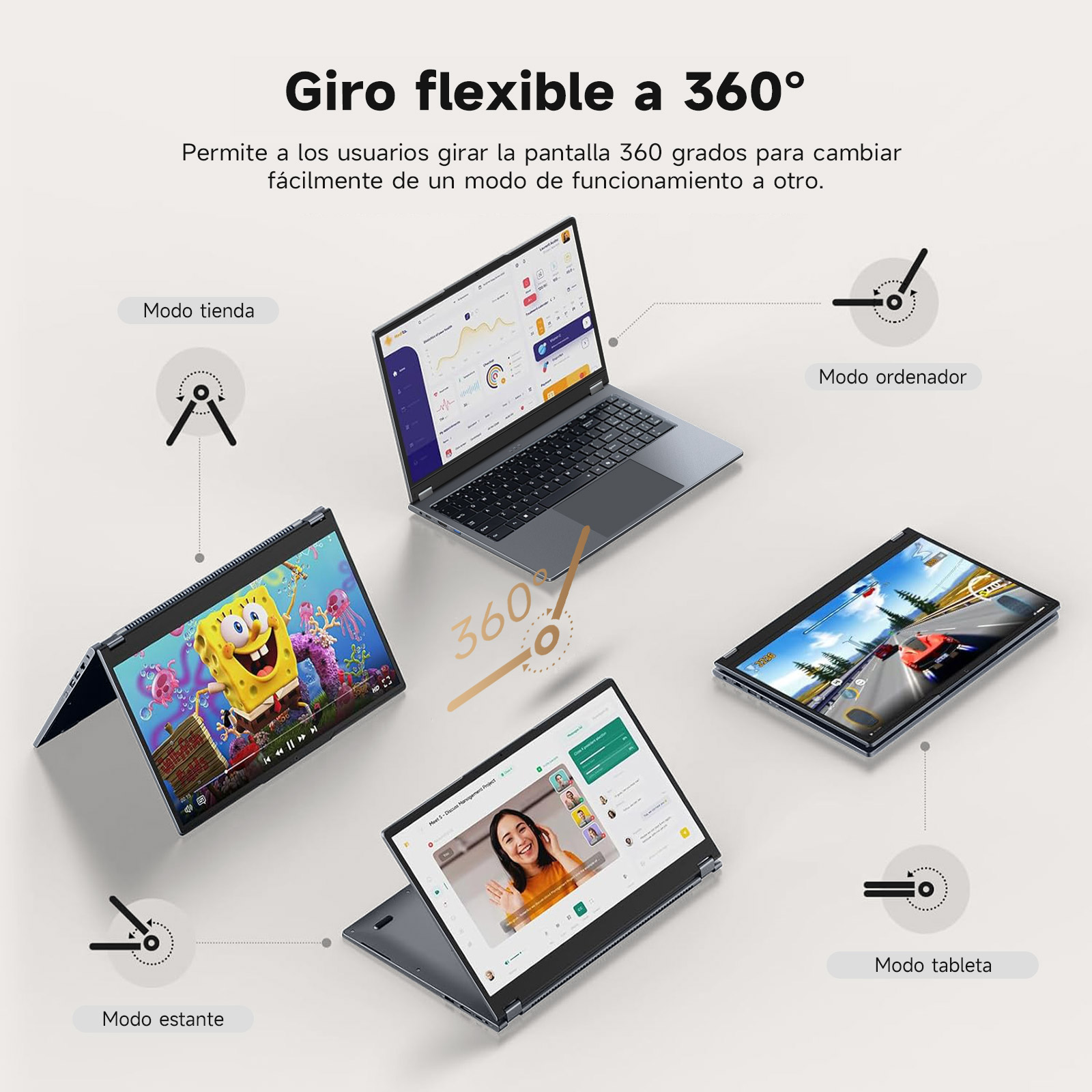 La imagen muestra una laptop en 4 posiciones. El texto indica que puede girar 360 grados.