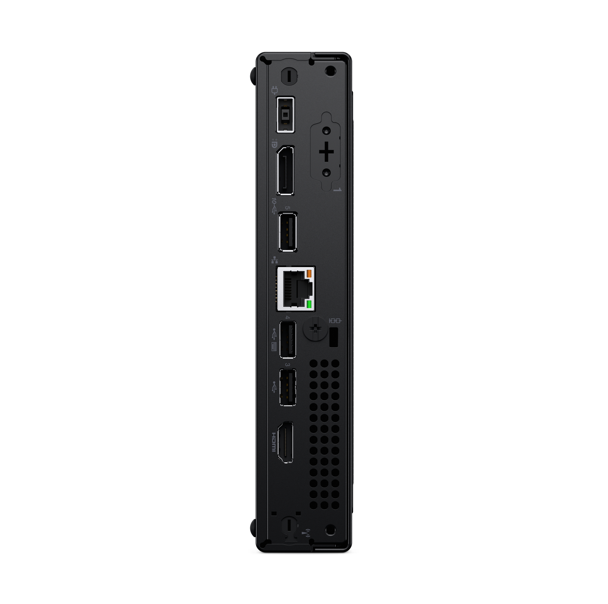 Czarny element komputera z różnymi portami: USB, HDMI, Ethernet i wejściem zasilania, na białym tle.