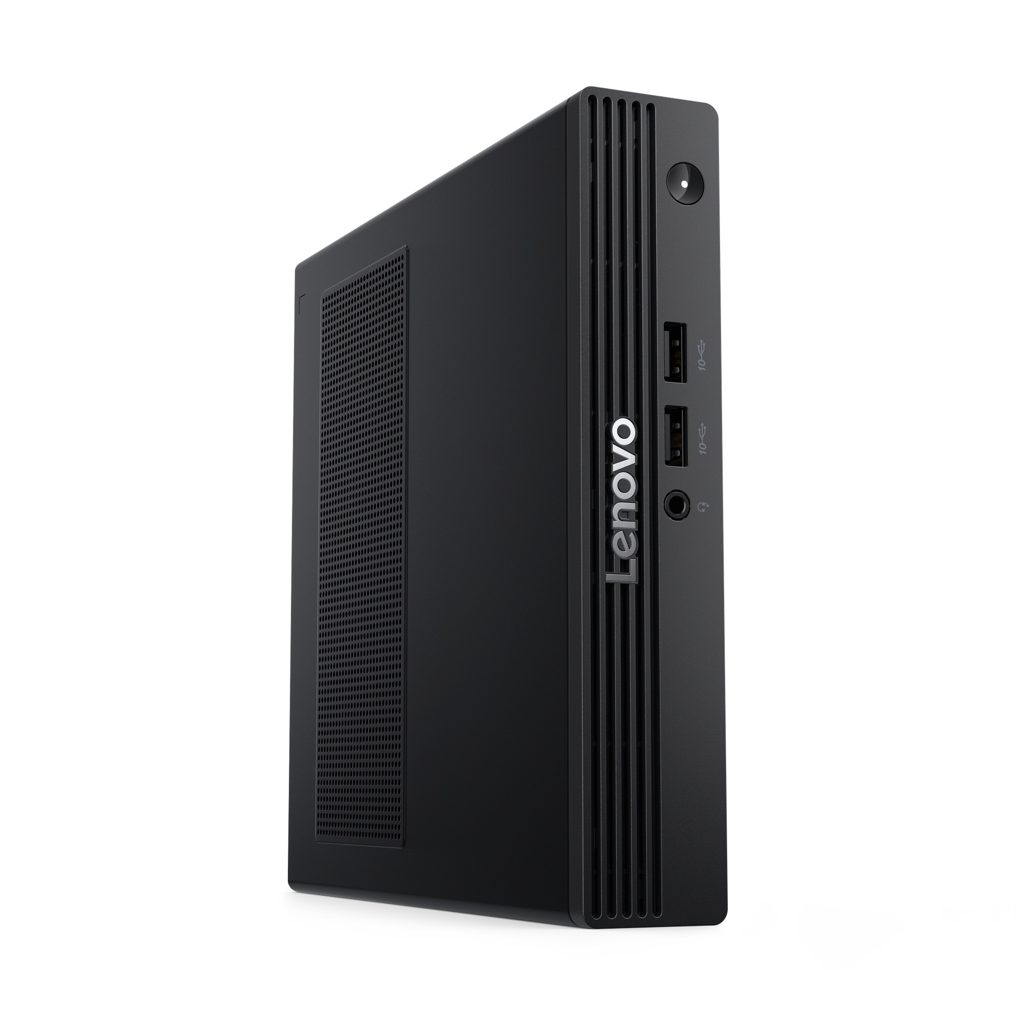Czarny komputer stacjonarny Lenovo na białym tle. Posiada porty USB, logo Lenovo i przycisk zasilania.