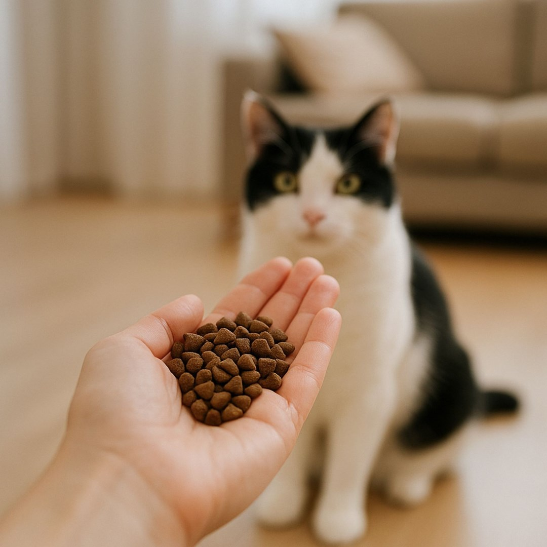 Ręka trzyma karmę dla kota, z czarno-białym kotem w tle. Kot patrzy na jedzenie. W tle znajduje się również sofa.