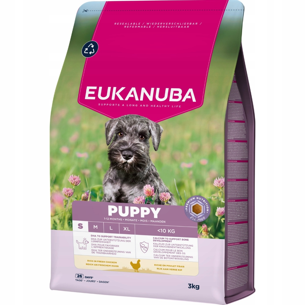 Torba z karmą dla psów ze szczeniakiem. Tekst: 'Eukanuba Puppy'. Składniki: kurczak i wapń.