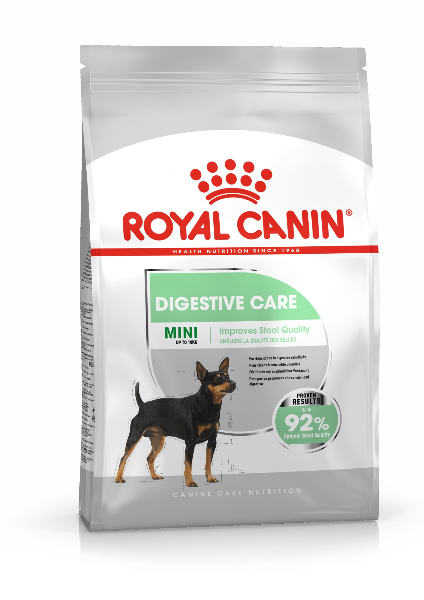 Torba z karmą dla psów ze zdjęciem psa. Tekst zawiera 'Royal Canin', 'Digestive Care', 'Mini' i '92% optymalna jakość stolca'.