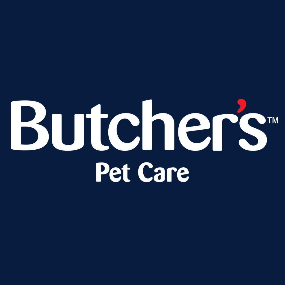 Logo zawiera napis 'Butcher's Pet Care' w kolorze białym na granatowym tle, z czerwoną apostrofą.