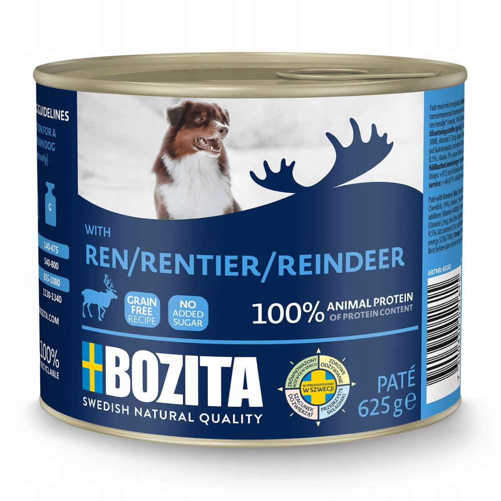 Puszka karmy dla psów ze zdjęciem psa, tekst: Ren/Rentier/Reindeer, Bozita Swedish Natural Quality i 100% białka zwierzęcego.
