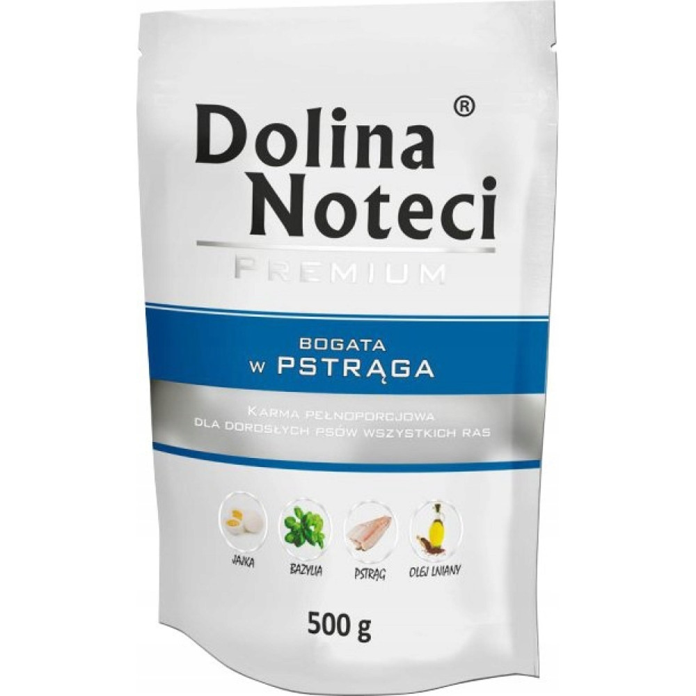 Biała torba karmy dla psów Dolina Noteci. Zawiera ryby, bazylię, olej i jajka. Tekst: 'premium', '500g', 'bogata w pstrąga'.