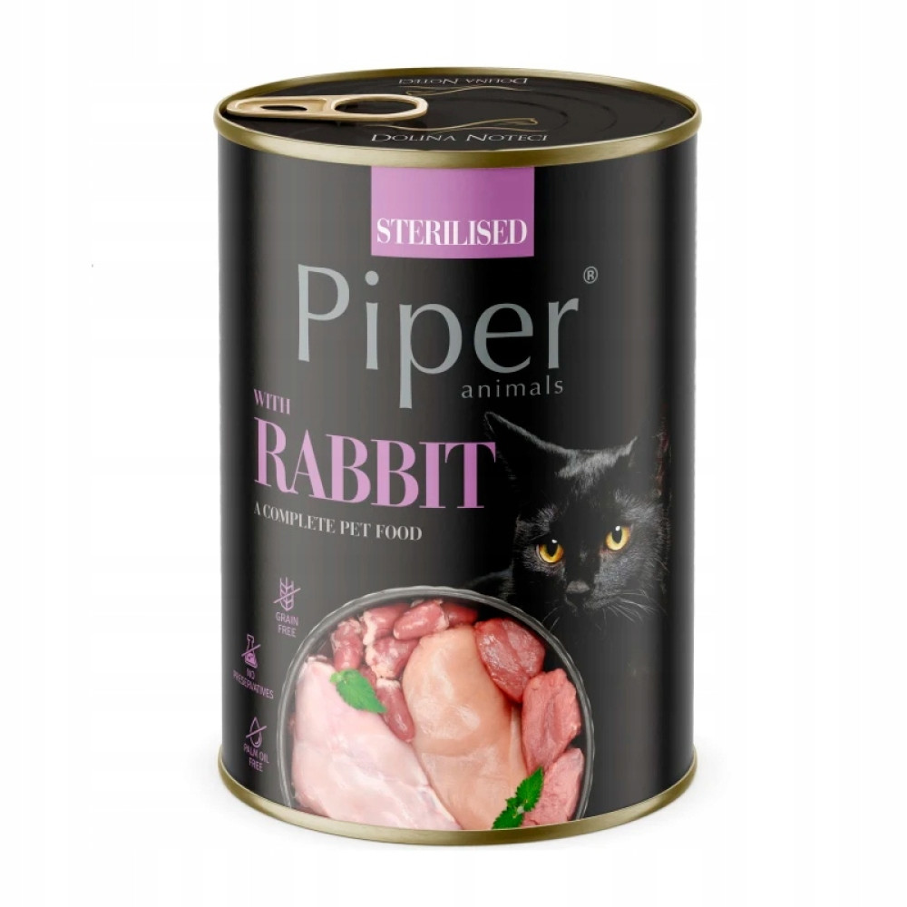 Puszka karmy dla kotów Piper z królikiem. Czarna puszka ze zdjęciem czarnego kota. Widoczne składniki. Tekst: Bez zbóż, bez konserwantów.