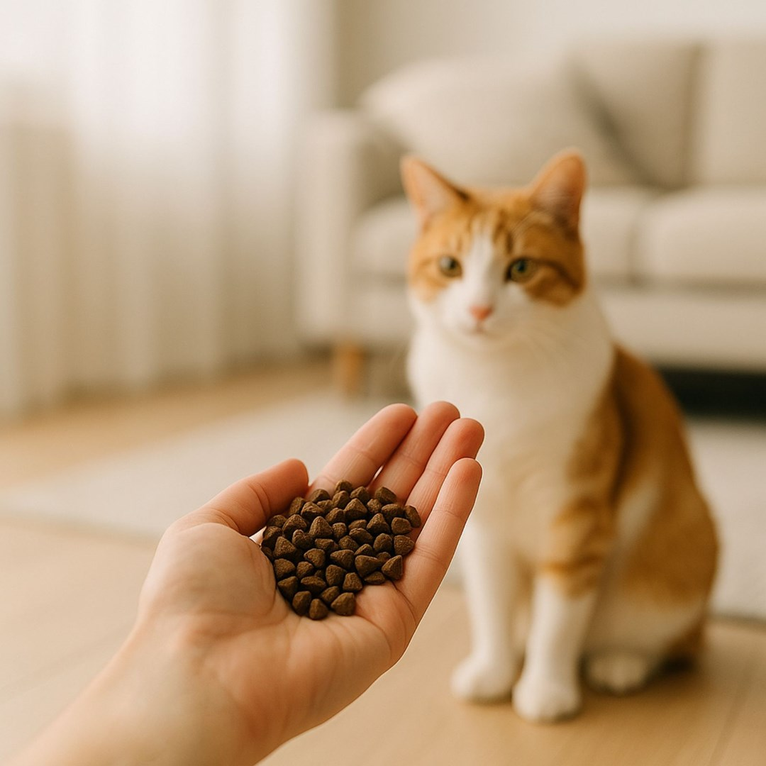 Ręka trzyma karmę dla kota przed pomarańczowo-białym kotem. Sofa i dywan są rozmyte w tle.