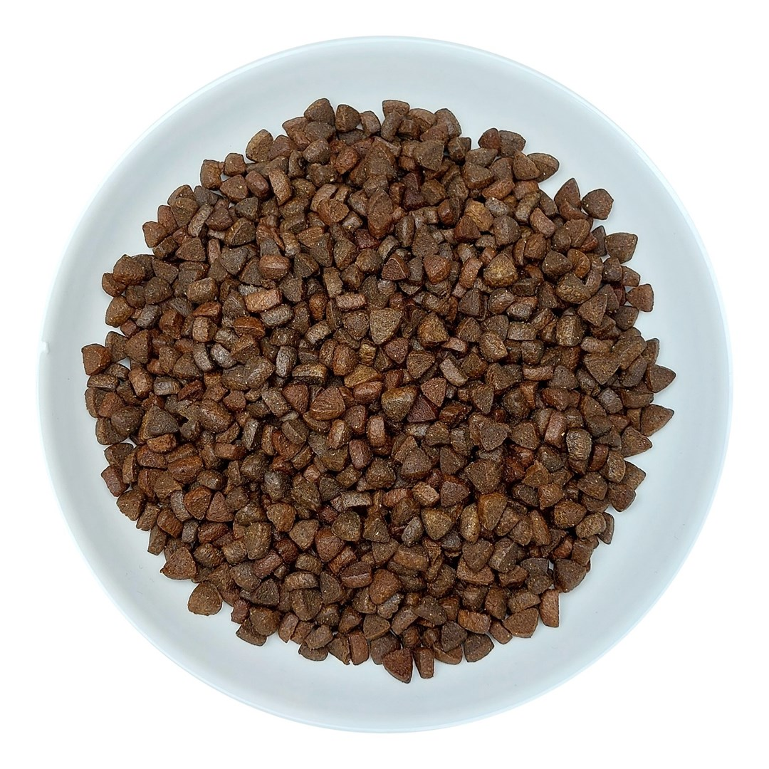 Biała miska wypełniona brązową, nieregularną karmą dla zwierząt. Miska stoi na białym tle, widok z góry.