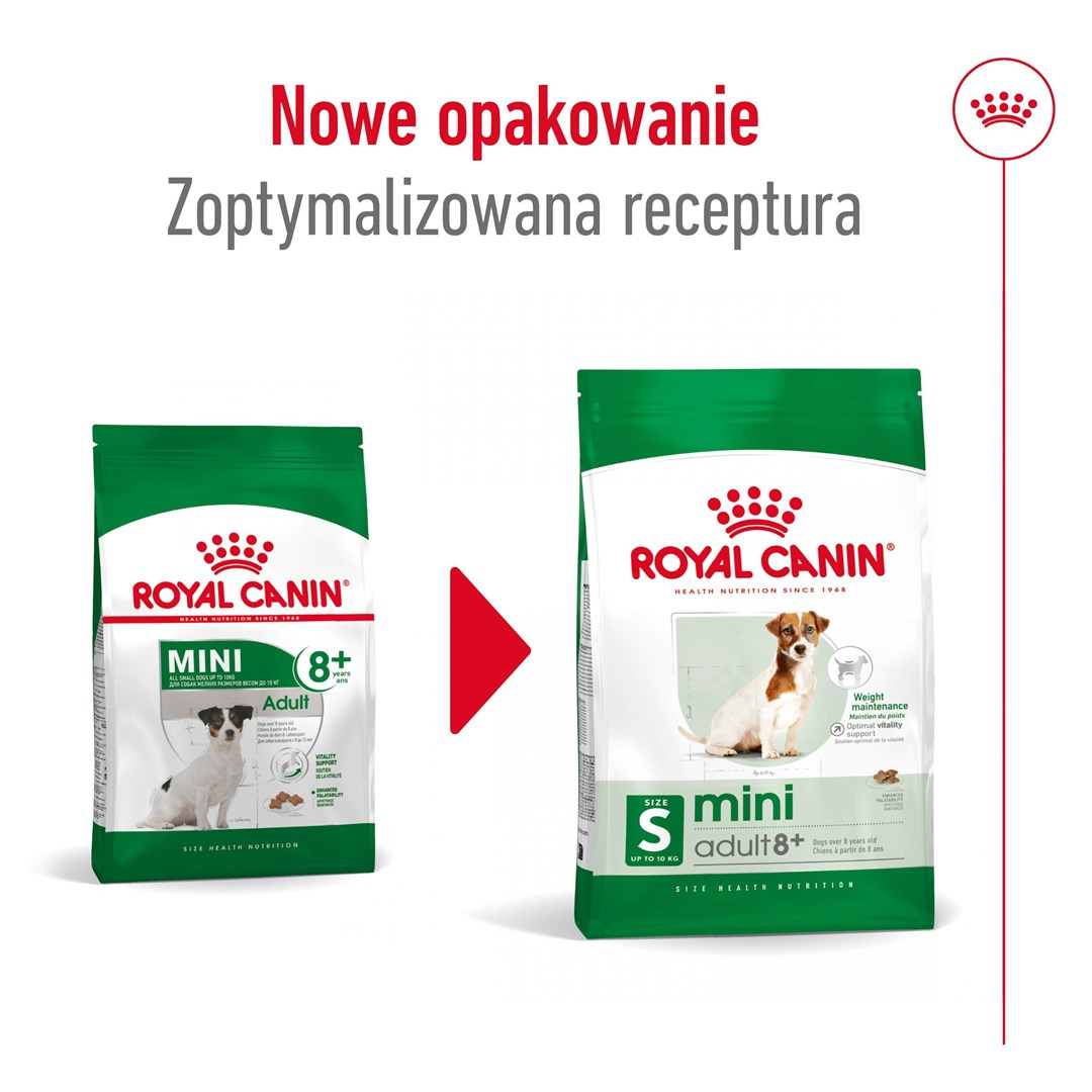Obraz przedstawia dwa worki karmy dla psów Royal Canin. Po lewej stronie Mini Adult 8+, po prawej S mini adult 8+. Czerwona strzałka wskazuje w prawo.