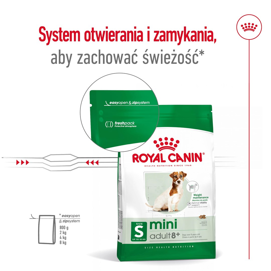 Torba karmy dla psów ze zdjęciem psa, marka 'Royal Canin', zielono-białe opakowanie. System otwierania dla świeżości.