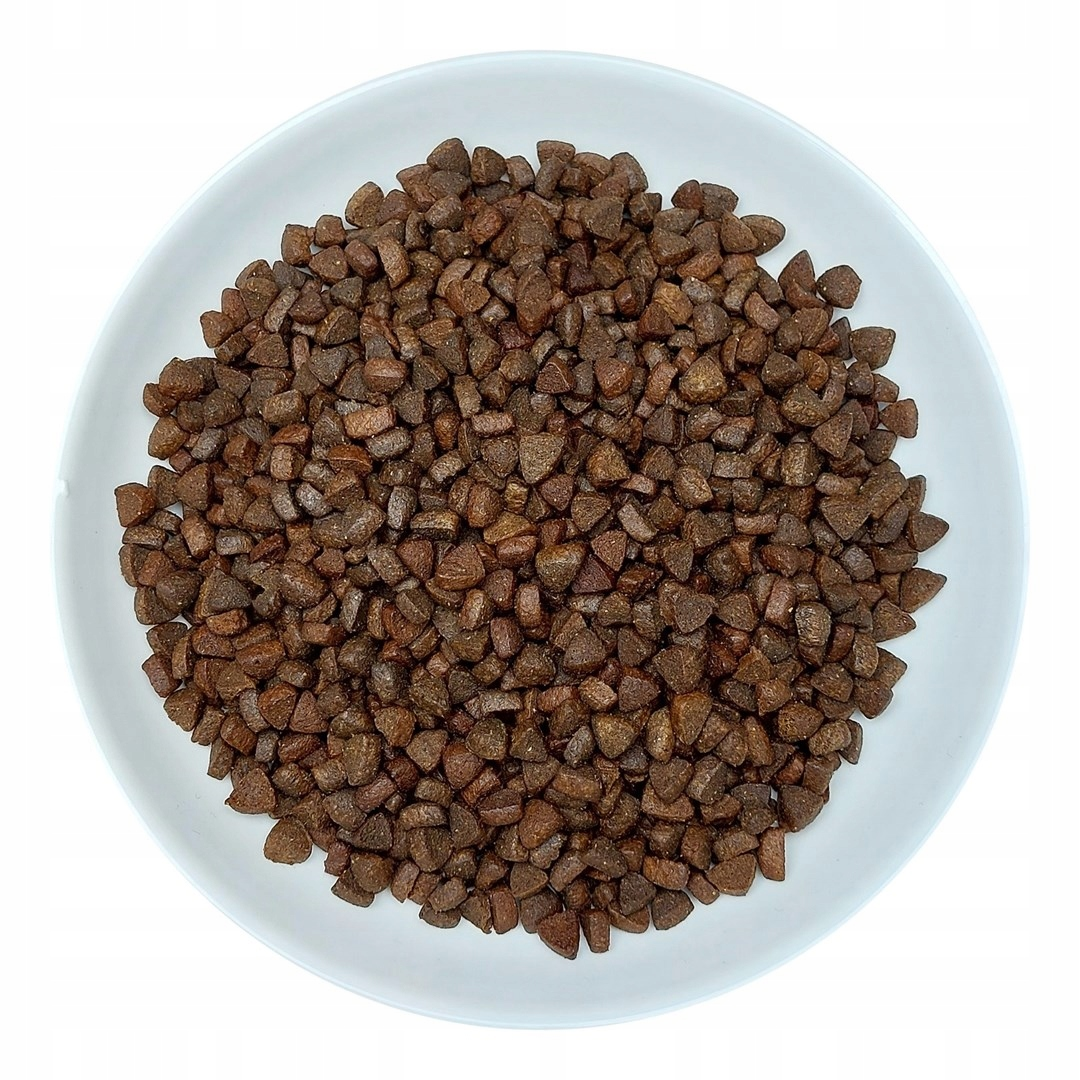 Brązowe kawałki karmy dla zwierząt wypełniają białą miskę. Miska jest na białym tle.