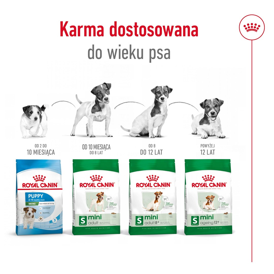 Obraz przedstawia worki karmy dla psów Royal Canin i psy w różnych etapach życia, od szczeniaka do seniora, z przedziałami wiekowymi.