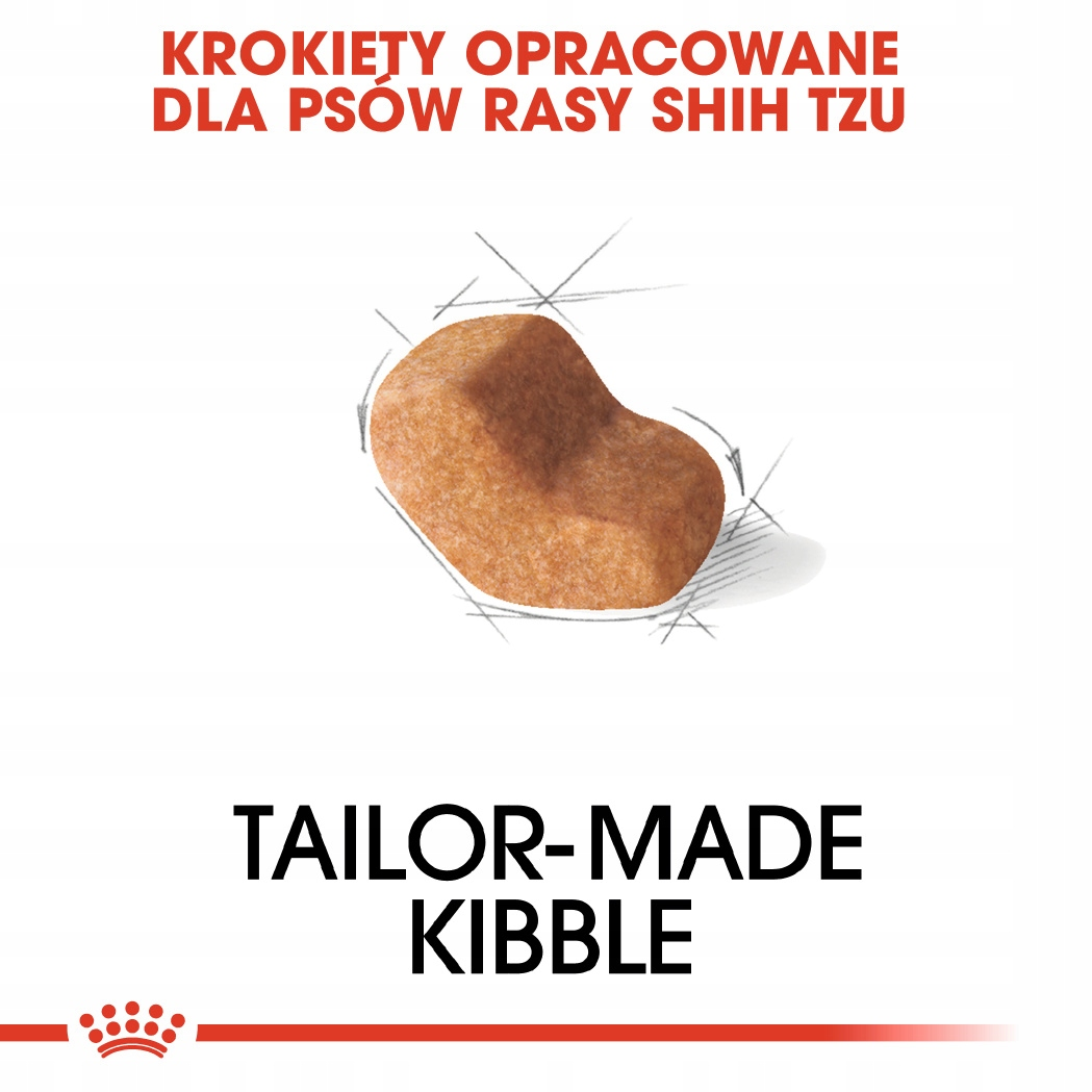 Krokiet dla psów, brązowy, z czerwonym tekstem u góry i czarnym u dołu. Tekst brzmi 'TAILOR-MADE KIBBLE'.
