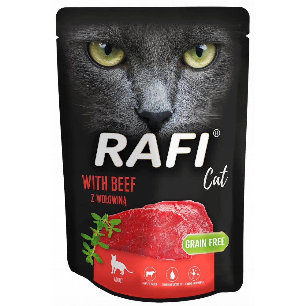 Opakowanie karmy dla kotów. Czarne tło z kocim obliczem. Wołowina i zioła z napisem "RAFI Cat With Beef". Etykieta "Grain Free".