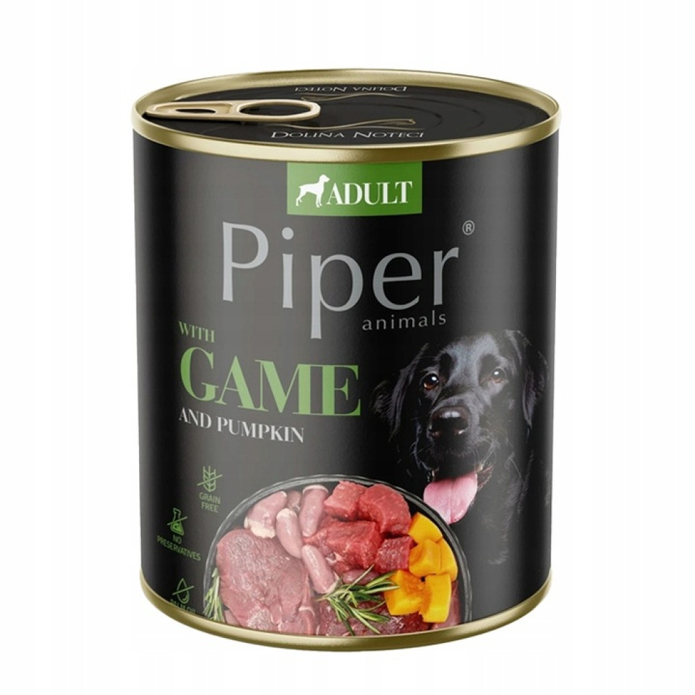 Puszka karmy dla psów. Czarna puszka z etykietą 'Piper animals'. Zawiera mięso i dynię. Obraz czarnego psa na puszce.