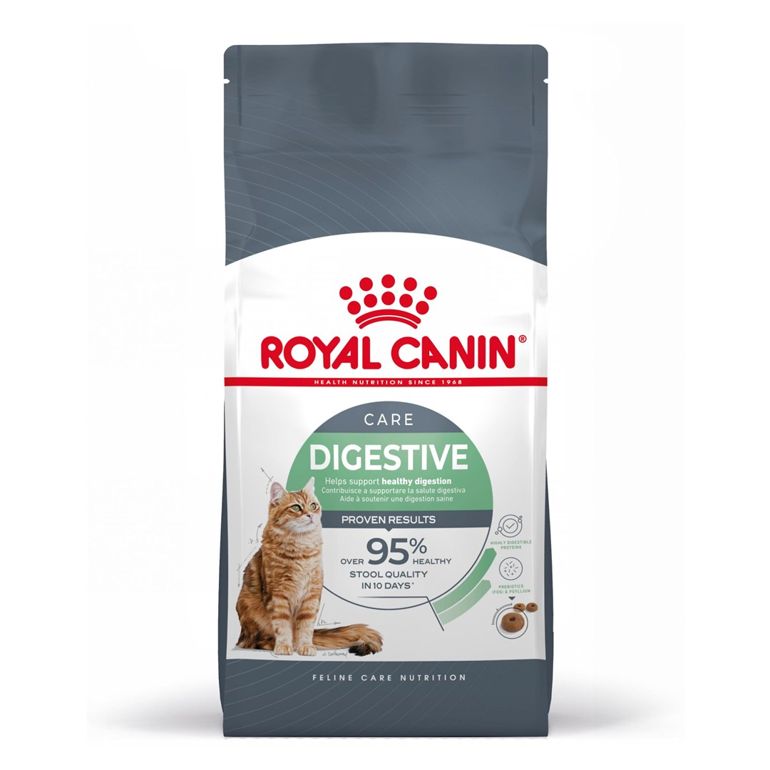 Torba karmy dla kotów ze zdjęciem kota. Tekst zawiera 'Royal Canin', 'Digestive', '95% zdrowej jakości stolca' i 'Feline Care Nutrition'.