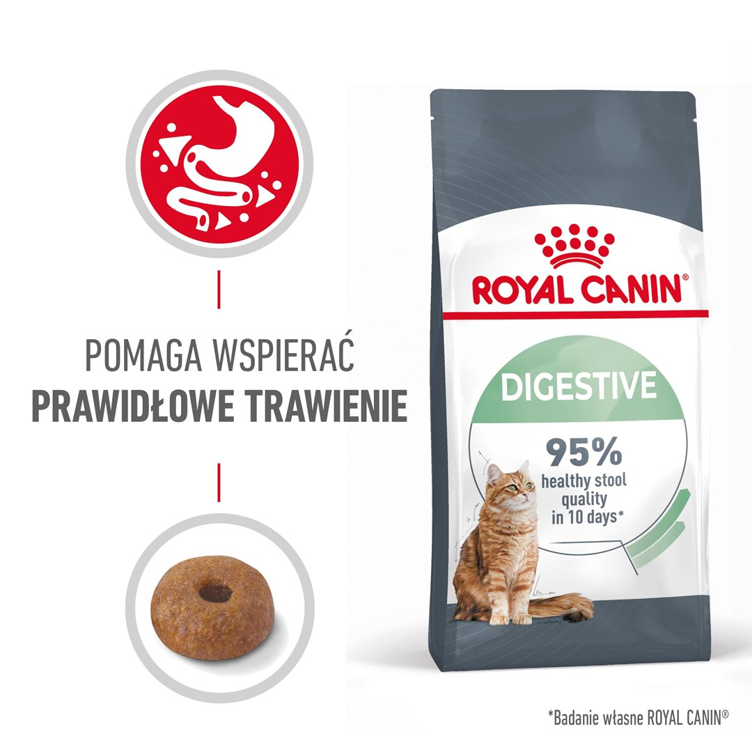 Obraz przedstawia worek karmy dla kotów Royal Canin, ikonę układu pokarmowego i granulkę karmy dla kotów. Na worku napis digestive i widać kota.