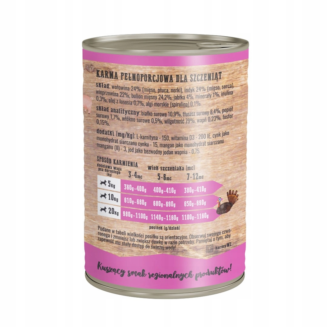 Puszka karmy dla psów z tekstem w języku polskim. Pokazuje wytyczne dotyczące karmienia i składniki.