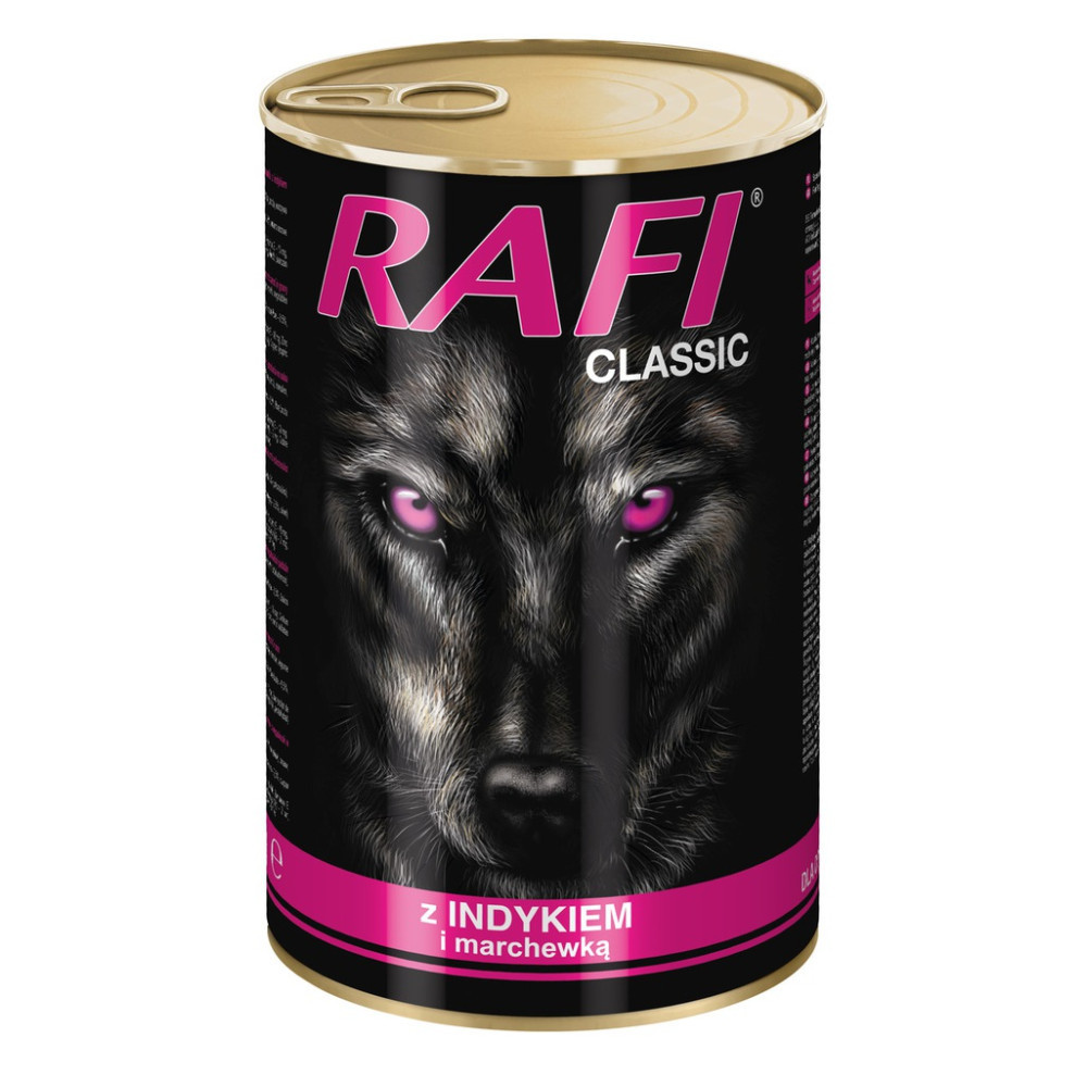 Puszka karmy dla psów Rafi Classic. Zawiera twarz wilka z różowymi oczami. Różowy tekst brzmi 'RAFI' i 'CLASSIC'.