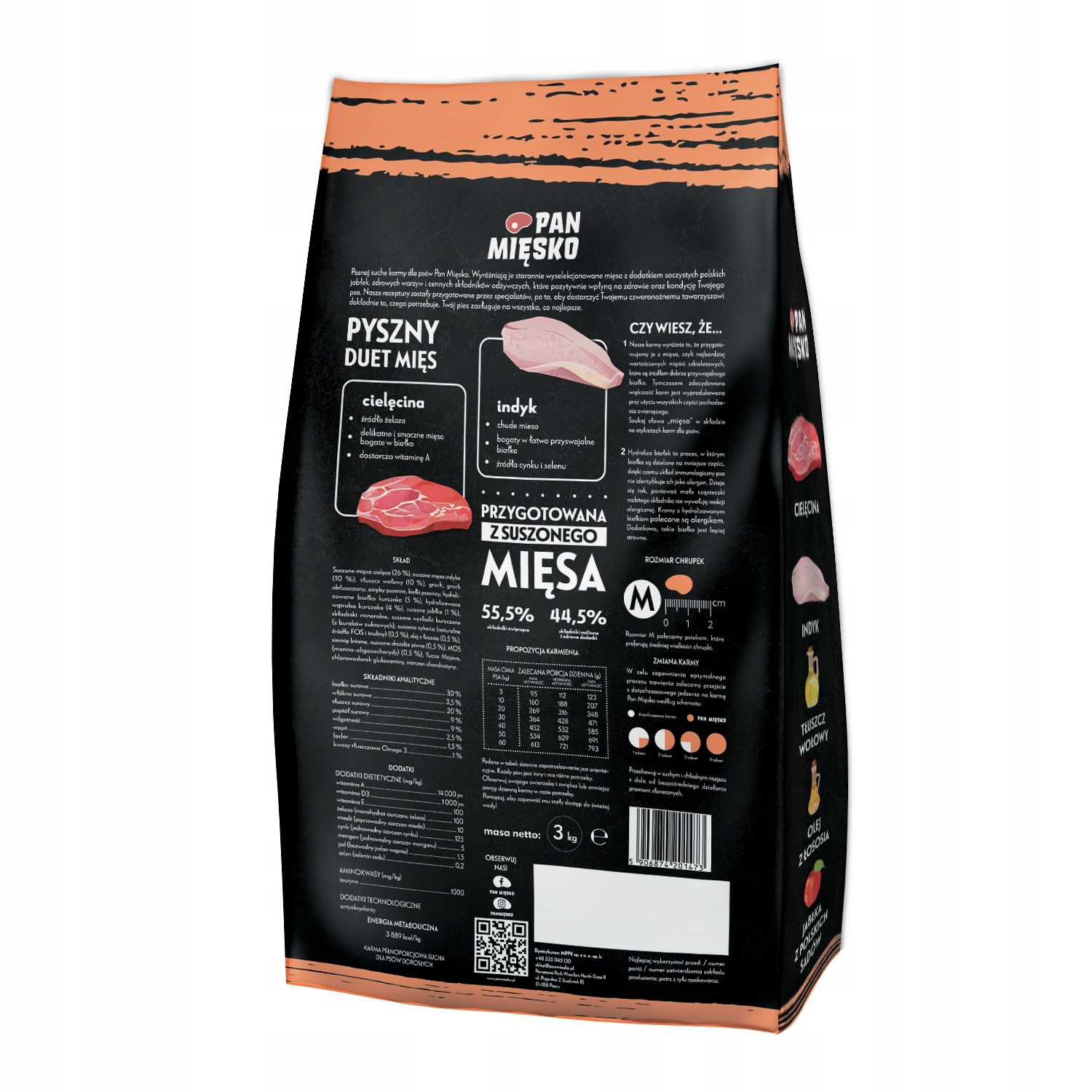 Torba karmy dla psów z tekstem i zdjęciami kawałków mięsa, jabłek i oleju z łososia.