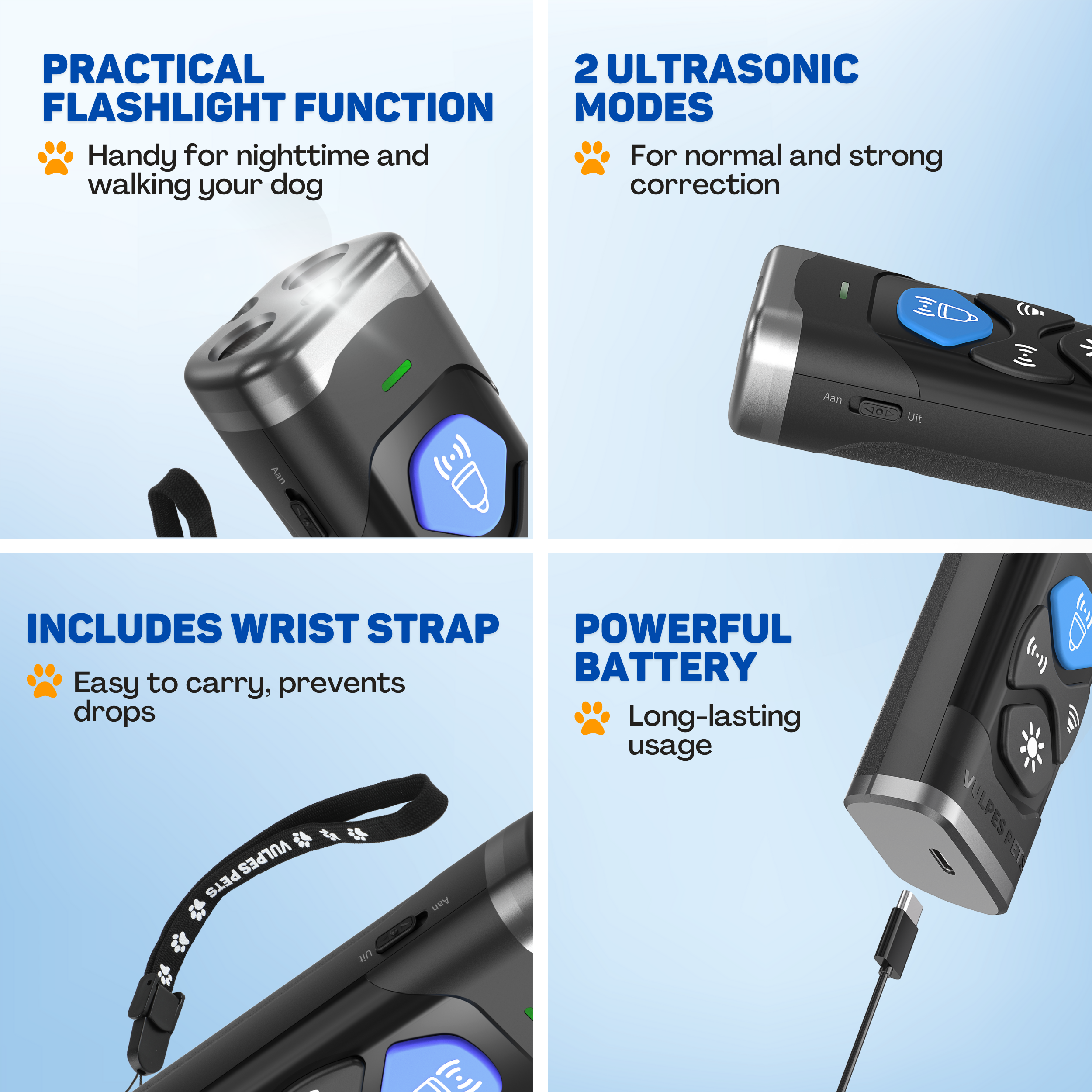 Black dog training device. Features include a flashlight, wrist strap, and USB charging. Text highlights its functions.