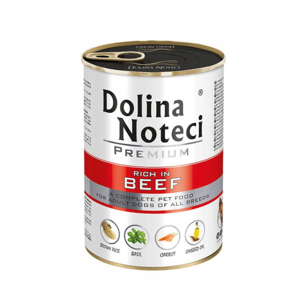Puszka karmy dla psów Dolina Noteci Premium, z napisem 'Rich in Beef'. Zawiera składniki takie jak ryż, bazylia, marchew i olej lniany.