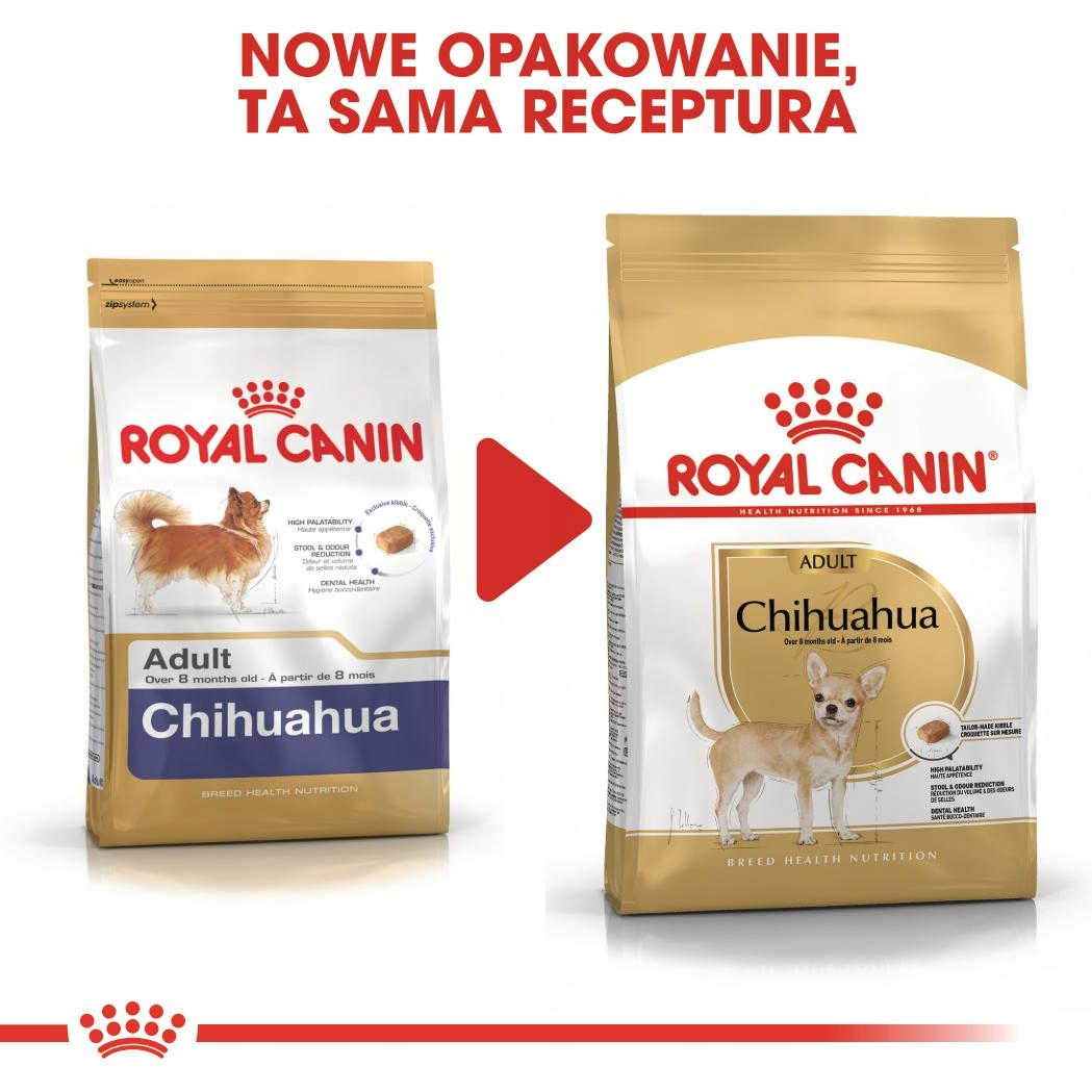 Dwie torby z karmą dla psów, jedna niebieska, druga złota. Obie mają zdjęcie Chihuahua i logo 'Royal Canin', z tekstem: 'Adult Chihuahua'.