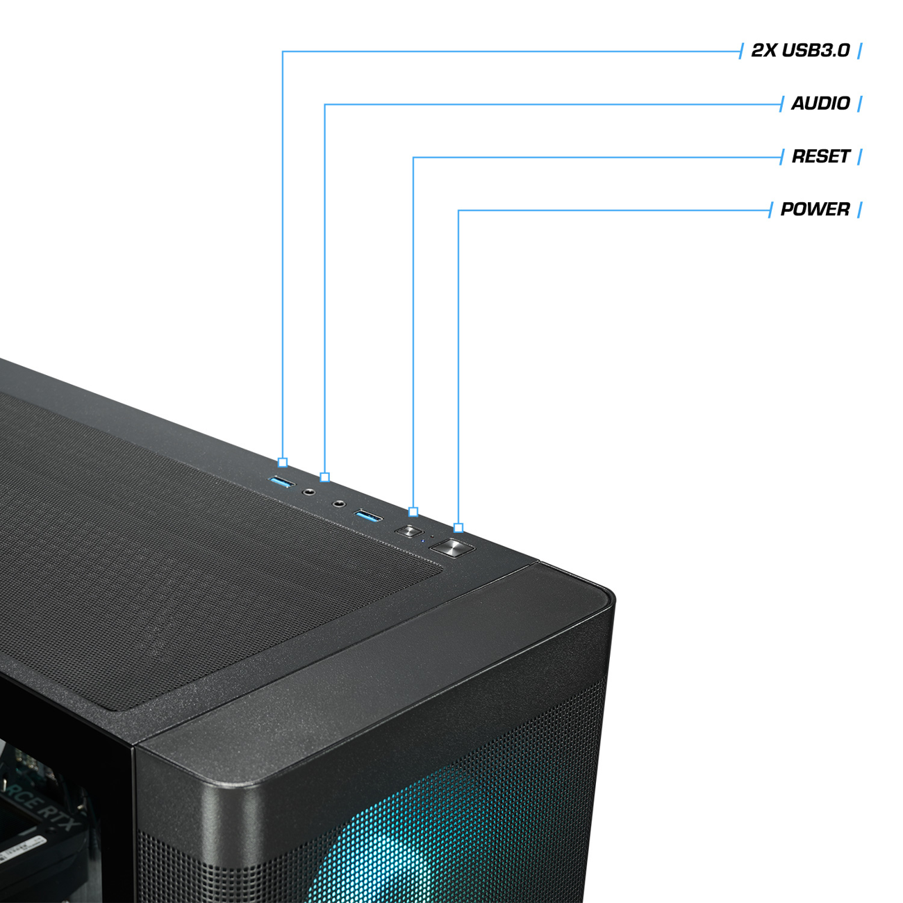 Nahaufnahme eines schwarzen Computergehäuses. Es hat 2x USB 3.0-Anschlüsse, Audio-, Reset- und Power-Tasten. Das Gehäuse hat eine Mesh-Front.