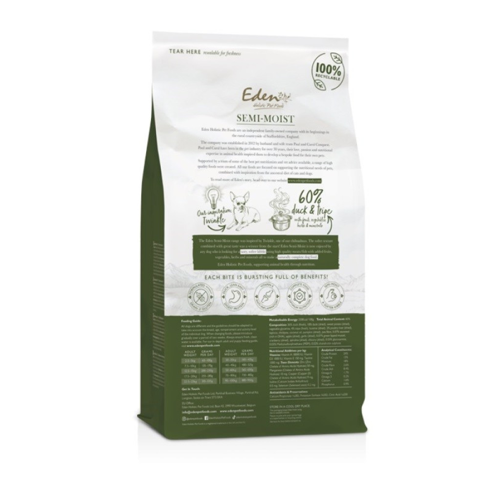 Torba na karmę dla psów z tekstem i obrazami. Zawiera nazwę marki 'Eden' i szczegóły produktu 'Semi-Moist'. Mówi 60% kaczki i żwaczy.