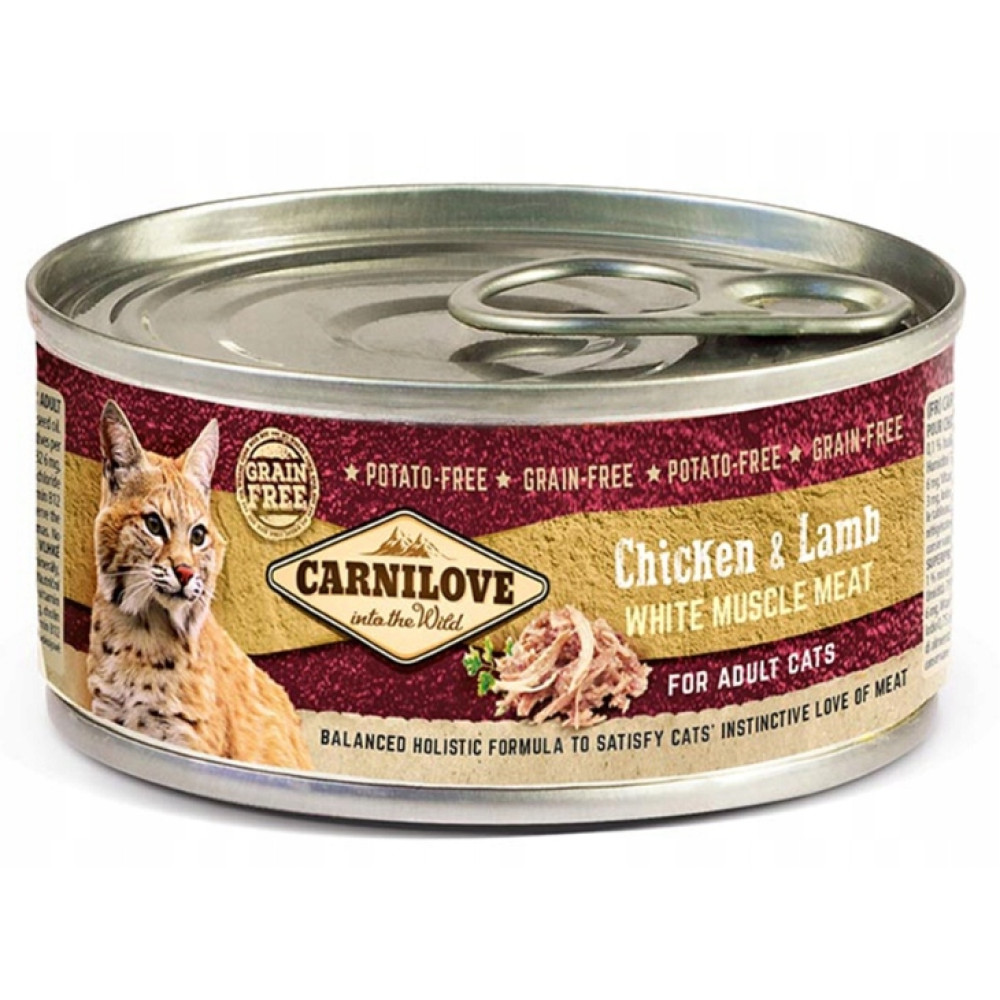 Puszka karmy dla kotów z napisem 'Carnilove'. Widnieje na niej wizerunek rysia, z tekstem 'Chicken & Lamb' i 'White Muscle Meat' dla dorosłych kotów.