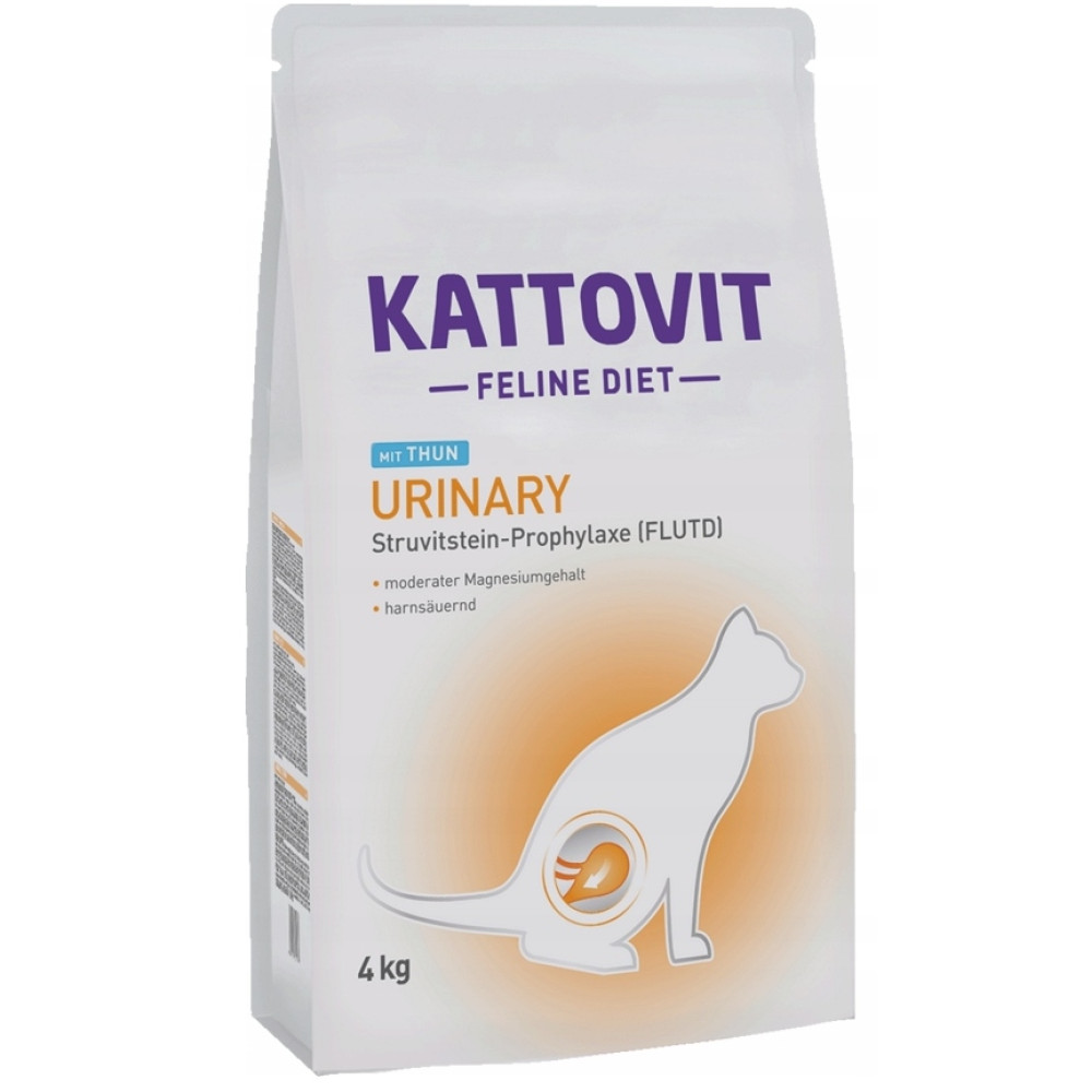 Biała torba karmy dla kotów KattoVit Urinary. Ma sylwetkę kota i pomarańczowe detale tła.