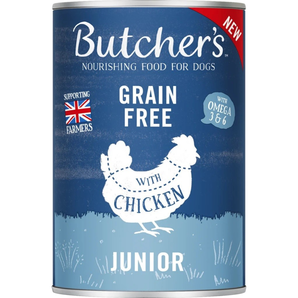 Puszka karmy dla psów z niebieskim tłem. Napis Butcher's, Grain Free, With Chicken Junior. Obraz białego kurczaka pośrodku.