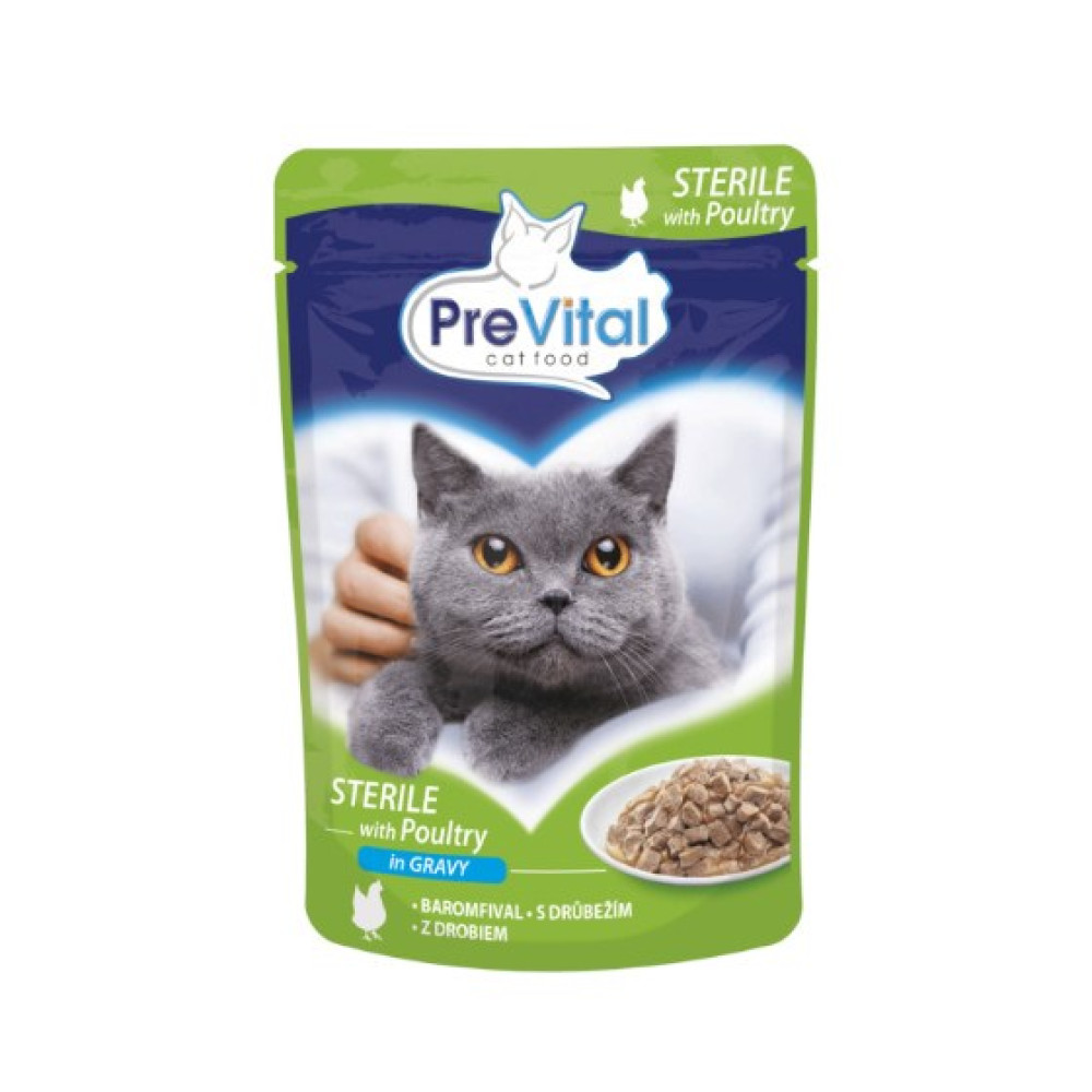 Opakowanie karmy dla kotów z szarym kotem. Tekst brzmi 'PreVital cat food, Sterile with Poultry in Gravy'.