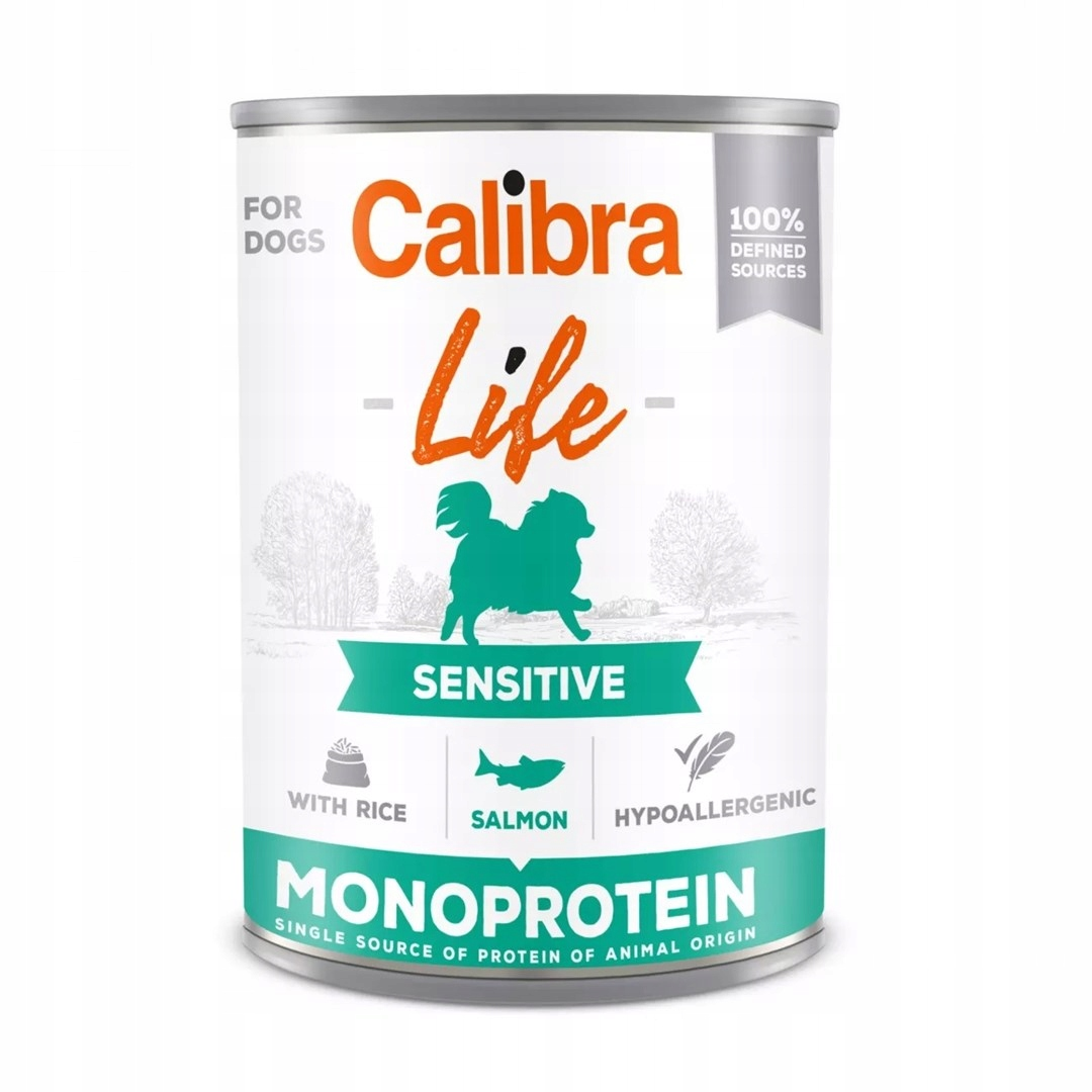 Lata de comida para perros. Marca 'Calibra Life' con silueta de perro verde y texto 'Sensitive'. Contiene salmón y es hipoalergénico.