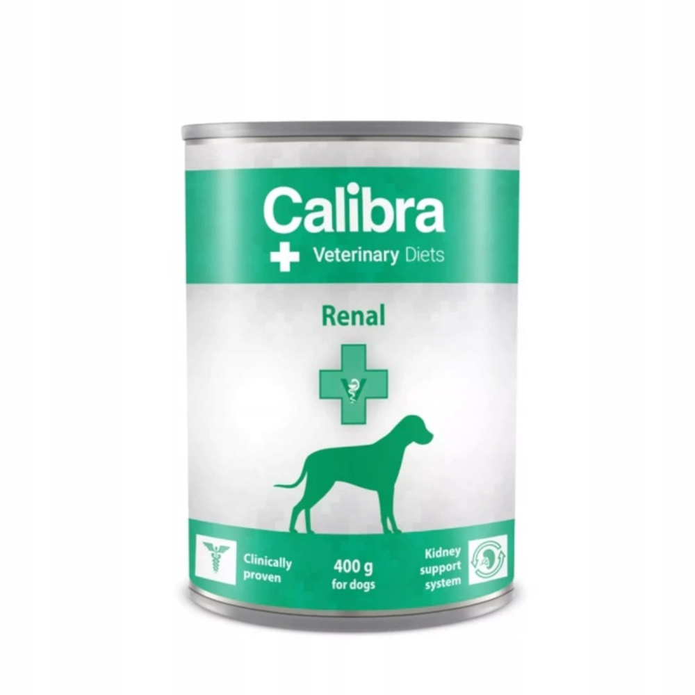 Puszka Calibra Veterinary Diets Renal. Ma zieloną etykietę z sylwetką psa i symbolem krzyża medycznego.