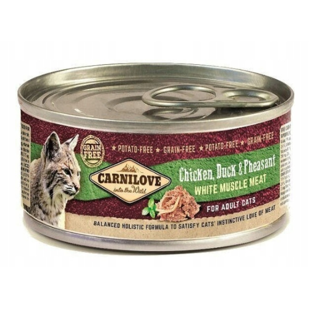 Puszka karmy dla kotów z napisem 'Carnilove'. Zawiera wizerunek kota, tekst o składnikach oraz słowa 'Chicken, Duck & Pheasant'.