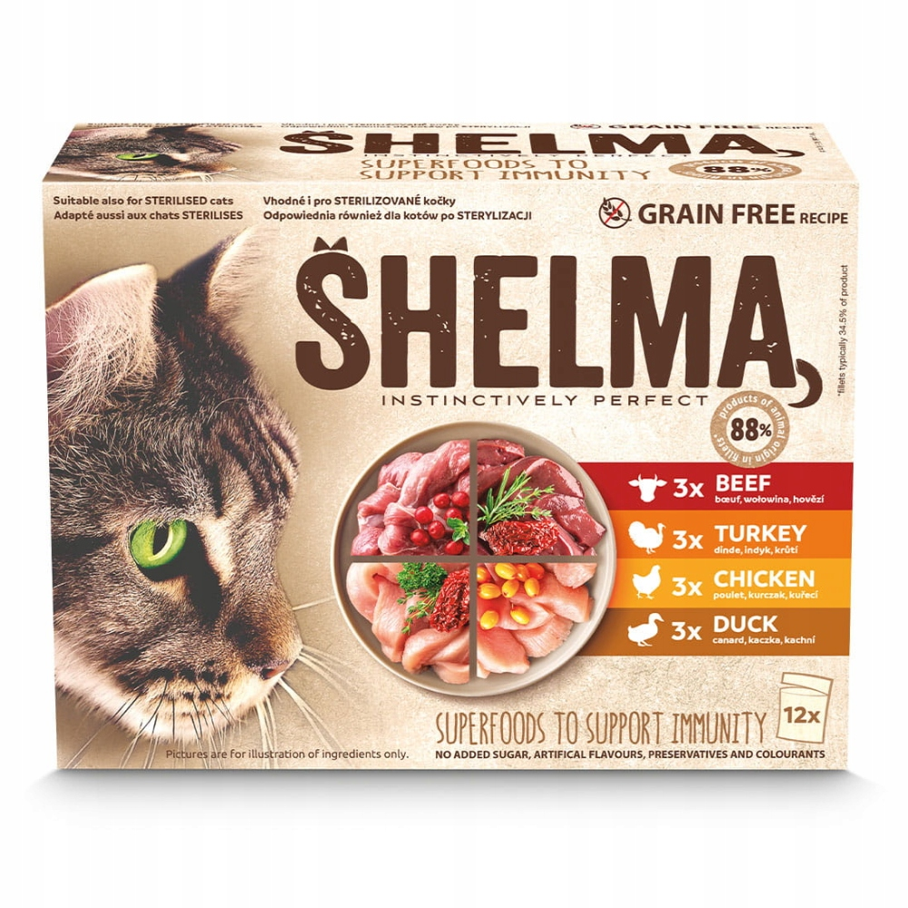 Pudełko z karmą dla kotów z wizerunkiem kota, zdjęciami mięsa i szczegółami produktu. Zawiera wołowinę, indyka, kurczaka i kaczkę.