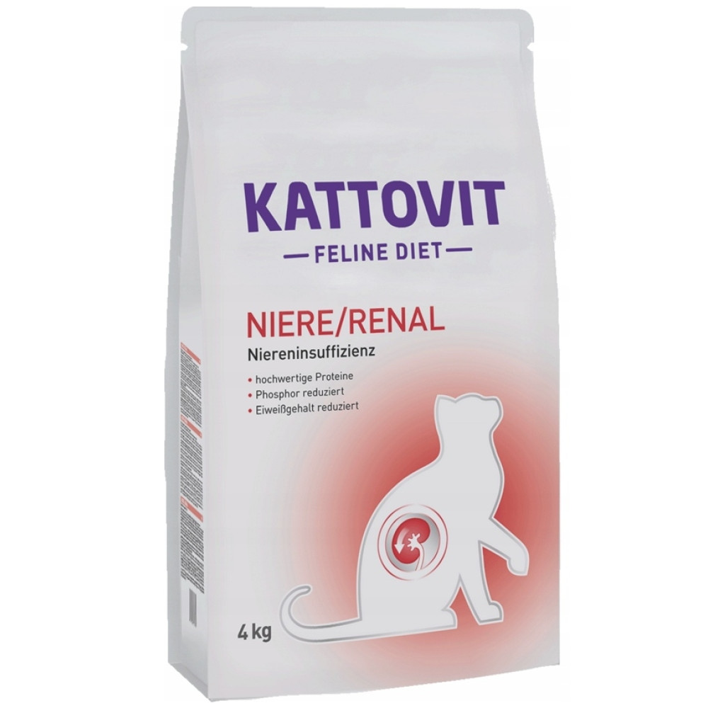 Biała torba karmy KATTUVIT Feline Diet dla problemów z nerkami. Ma sylwetkę kota z ilustracją nerki.