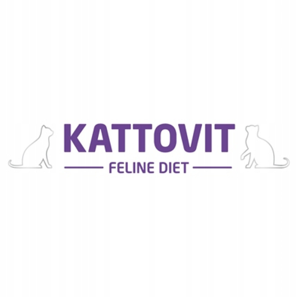 Logo z napisem 'KATTIVIT FELINE DIET' w kolorze fioletowym. Sylwetki kotów flankują tekst na białym tle.