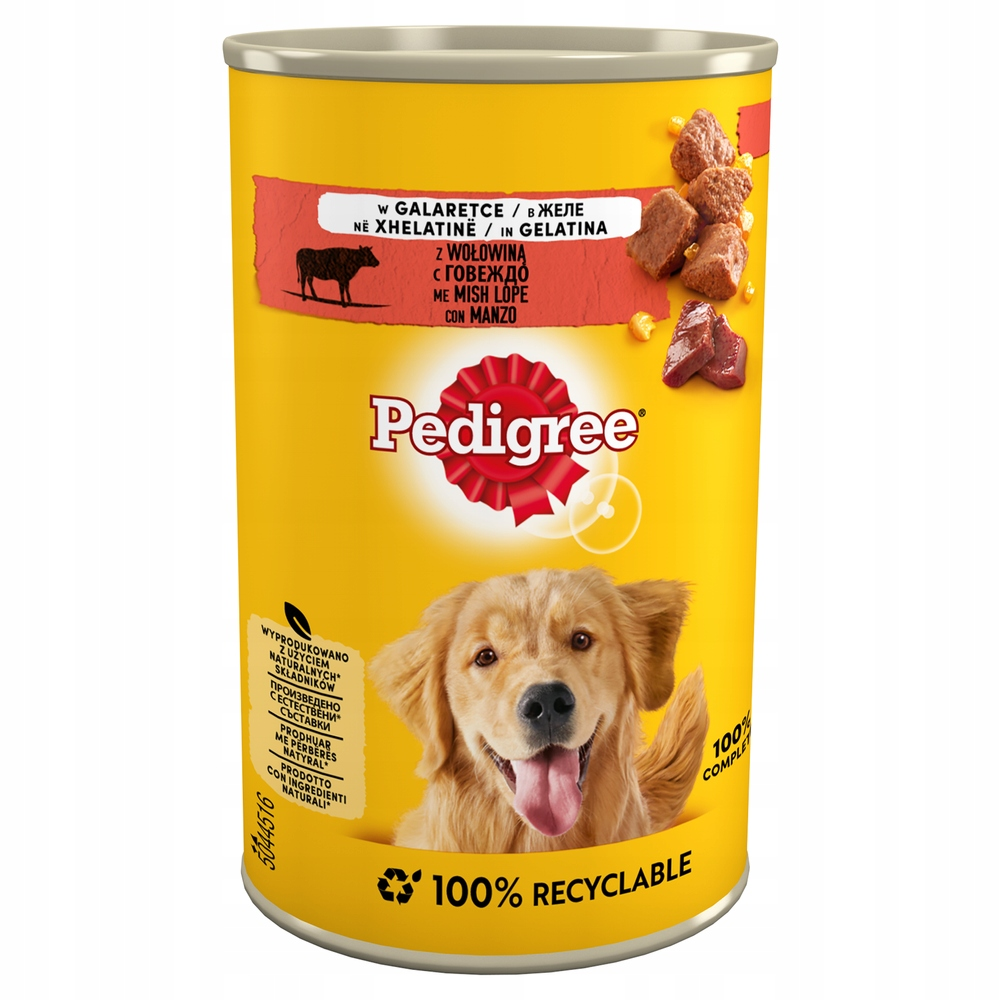 Żółta puszka karmy dla psów Pedigree. Golden retriever uśmiecha się do widza. Czerwona etykieta z tekstem. Wołowina i żelatyna.