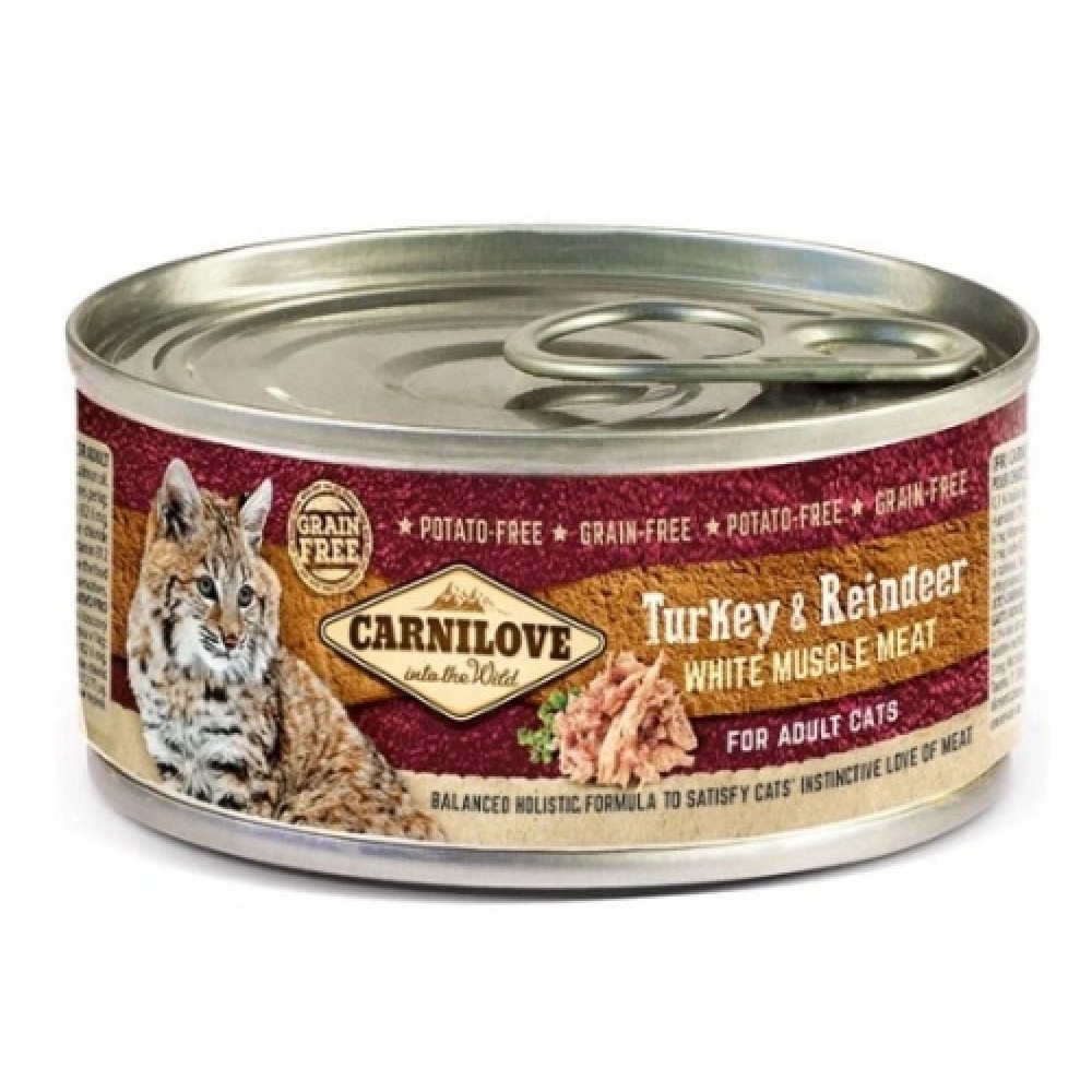 Puszka karmy dla kotów, z ilustracją kota, z napisem 'Indyk & Renifer'. Ma wieczko z zawleczką i jest na białym tle.