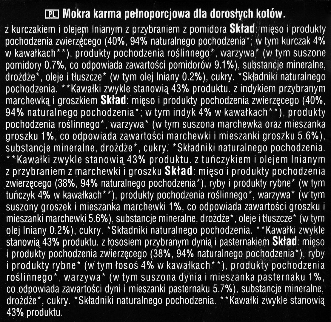 Tekst w języku polskim, reklamujący karmę dla kotów, ze składnikami w języku polskim. Zawiera różne smaki i składniki.