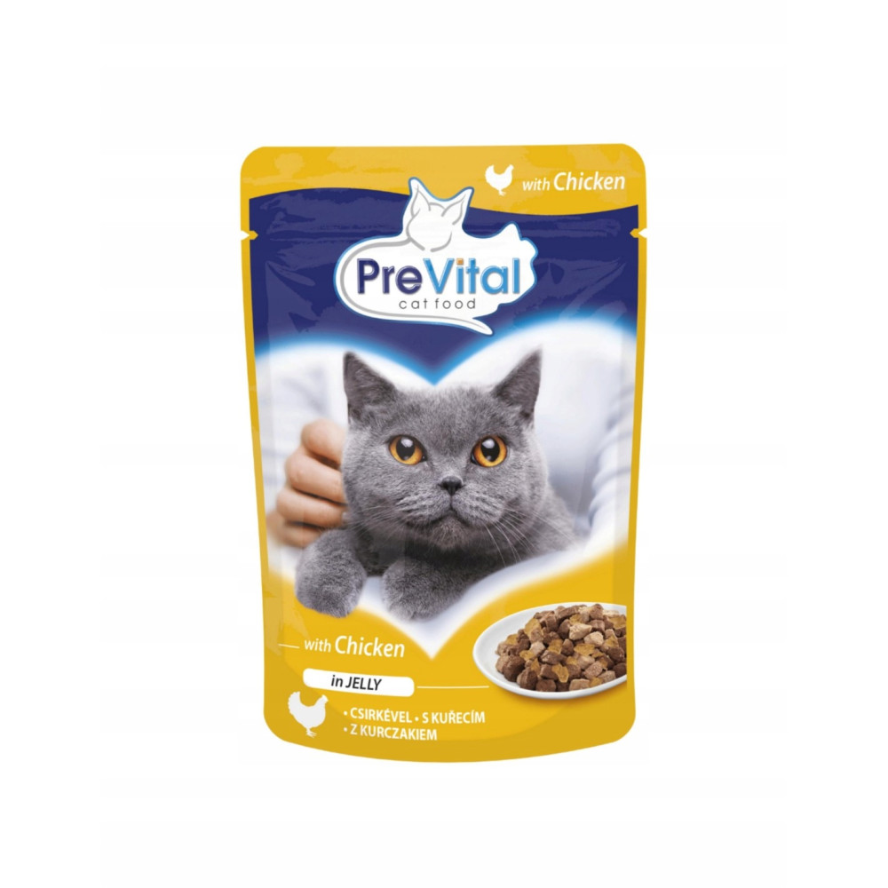 Saszetka z karmą dla kota. Szary kot pośrodku, trzymany przez dłoń. Pod spodem talerz z jedzeniem. Tekst: 'PreVital cat food'.