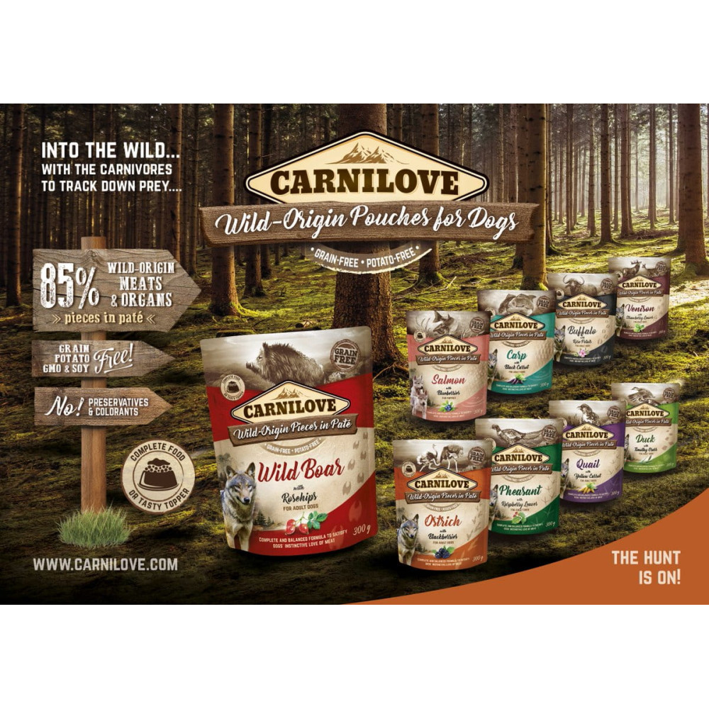 Reklama karmy dla psów o różnych smakach. Marka to Carnilove. Pokazuje dzika, łososia i inne smaki mięsne.